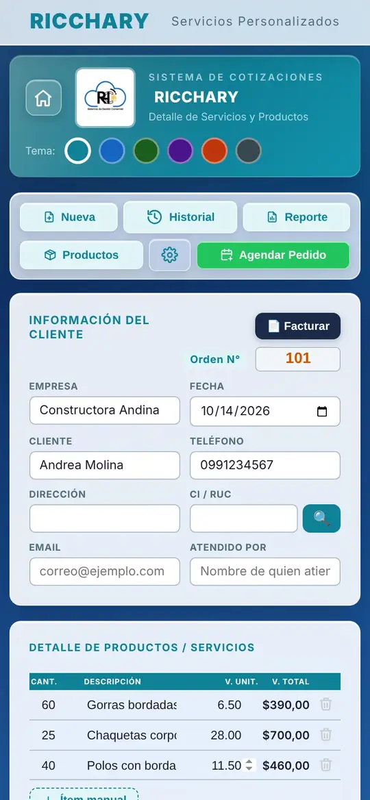 Cotización con ítems, total y abono en la app
