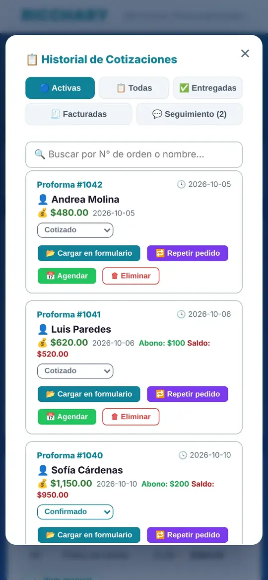 Historial de cotizaciones con estados